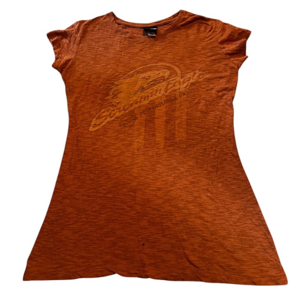 Faded distressed burnt orange Harley Davidson shirt
